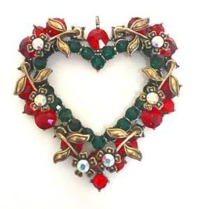 Jeweled Ornament Iridescent Heart Wreath Rhinestone NWT Red Green and Gold